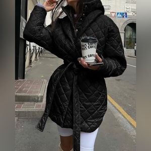 Women Button Down Belted Quilted Jacket Puffer Coat w/ Pockets, Black, Small NEW